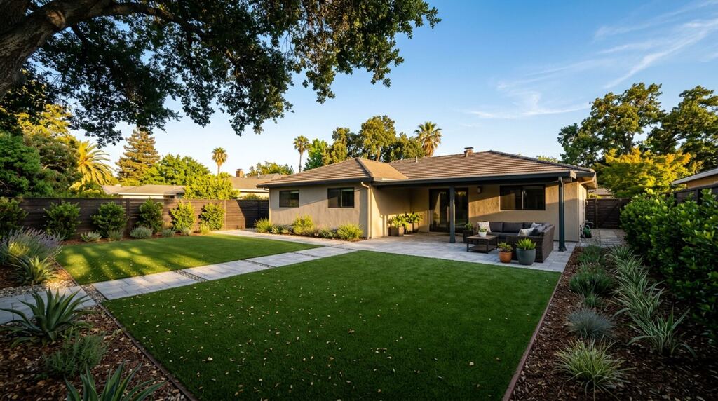 Backyard with freshly installed artificial turf, a paver walkway, drought-tolerant plantings, and a covered patio