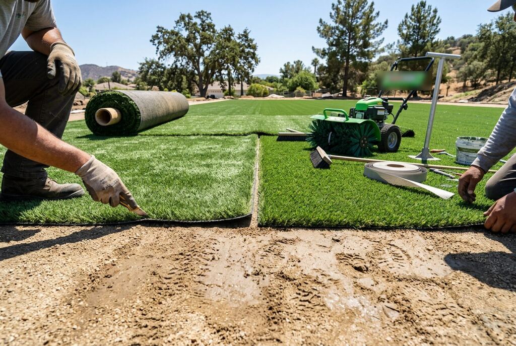 Installers cutting and fitting rolls of artificial turf over a prepared base, with a power brush and seam tape nearby