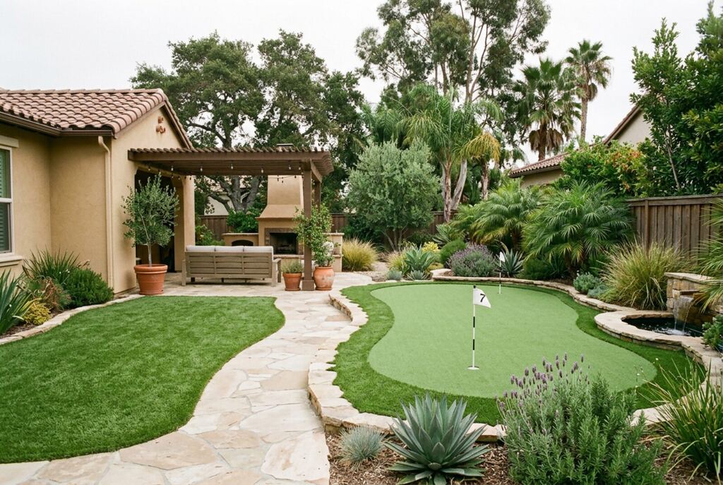 Backyard with artificial turf lawn and a curved putting green with a flag
